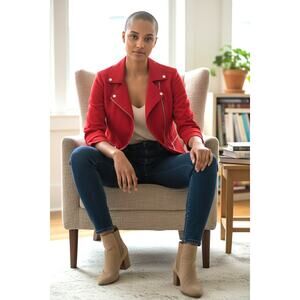 White House Black Market Red Zip Cropped Jacket Size 6 3/4 Sleeve Lined ~ MINT